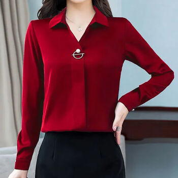 特价捡漏2022新款真丝长袖衬衫女春秋季内搭时尚衬衣显瘦小衫酒红色