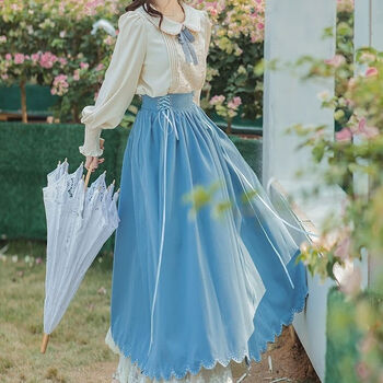 淑女日常改良连衣裙汉元素国风仙气森系古装夏天复古现代套装 天蓝色