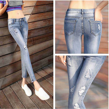 睿澈修身女生牛仔裤紧身夏天小脚裤薄款破洞低腰九分显瘦铅笔小个子显