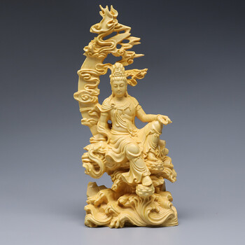 正宗府黄杨木雕水月观音摆件 实木手工雕刻工艺品文玩收藏品观世音