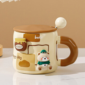 空座汀陶瓷马克杯带盖勺情侣学生咖啡杯卡通儿童早餐牛奶杯子大号高