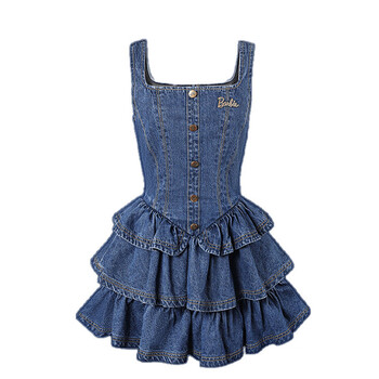 铭汇通芭比牛仔吊带蛋糕裙连衣裙 短款长袖上衣白衬衫两件套 【吊带裙