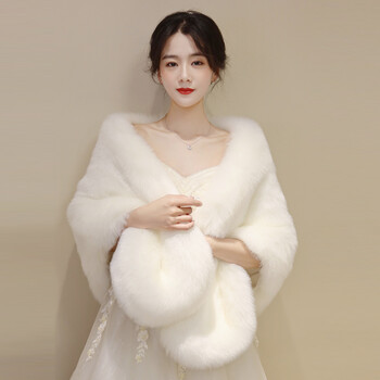 高档冬装女晚礼服披肩婚纱女秋新娘礼服旗袍外搭高端斗篷白色毛款