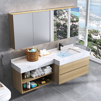 2022新款斜角浴室柜定制浴室柜镜柜智能现代简约原木色卫浴洗漱台洗脸