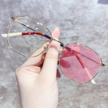 同款眼镜女显脸小变色方框眼镜架网红平光镜 金框(配变粉色镜片) 0度