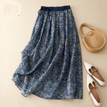 梧珑亚麻棉麻半身裙夏天半截裙印花双层苎麻a字裙春夏新复蓝花m建议