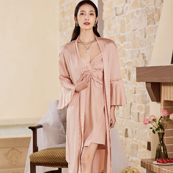 特丝格斯性感丝绸睡裙两件套冰丝吊带睡衣女夏套装蕾丝诱惑家居服带