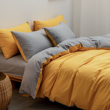 宿舍定制姜黄浅灰双拼纯棉水洗棉床单款铺床上12米床四件套被套152