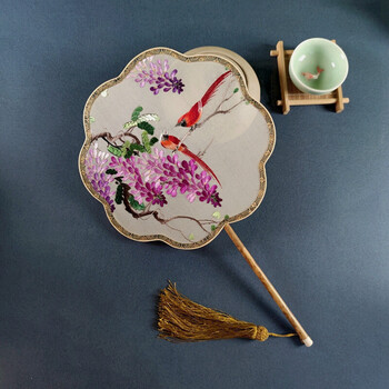 蜜云森新唐团扇纯手工双面绣蚕丝湘妃竹扇子中式古典汉服配饰八瓣海棠