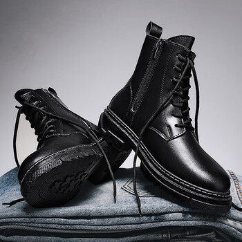 靴男马丁靴男款秋季高帮厚底英伦风复古工装机车皮靴男士黑色烟筒靴子