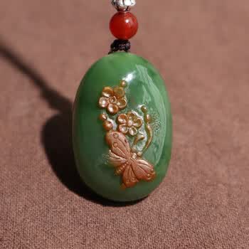 【蝶恋花】和田玉老坑带皮料阳绿蝴蝶花吊坠挂件玉雕件
