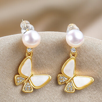 khsk施华洛世奇淡水珍珠耳饰女7mm贝壳蝴蝶耳钉时尚款7mm