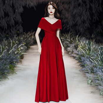 etex轻奢品牌 酒红色晚礼服裙女长款轻奢小众高端主持生日宴会演出