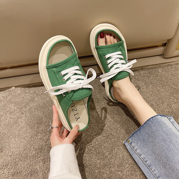 嵩允网红帆布拖鞋女夏外穿年新款厚底休闲懒人半拖鞋凉鞋超火凉拖绿色
