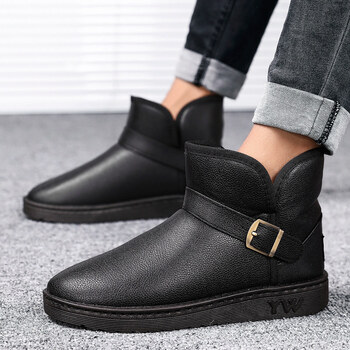 冬季雪地靴男加绒加厚棉靴短筒男靴皮面防滑防水保暖加厚男士棉鞋黑色