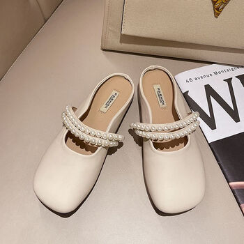 半拖鞋41时尚平底凉拖仙风懒人珍珠单鞋米白色43>yxko43码大码半拖鞋