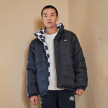 vans范斯官方黑色棋盘格两穿男女情侣羽绒服面包服黑色s含绒量236g