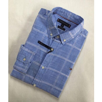汤米男士格子长袖衬衫亚麻免烫时尚百搭绣标秋季衬蓝色l建议130150斤