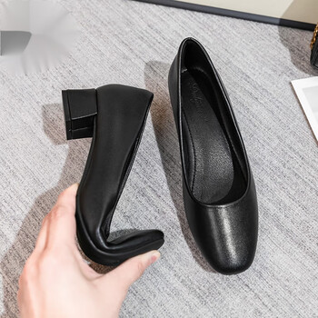 石头小猪上班鞋女工作鞋空姐工作鞋女方头黑色职业上班面试工装粗跟