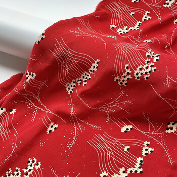 布艺岛进口红色光泽感碎花印花麻纱雪纺面料衬衫连衣裙布料红色半米价