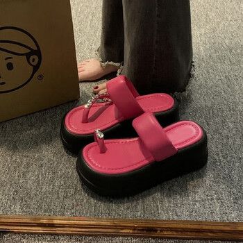 拖鞋女外穿2023年夏季新款时尚洋气亮片小个子厚底复古凉拖鞋玫红色36