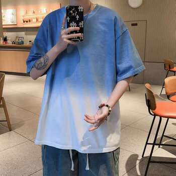 nasagiss渐变色纯棉短袖t恤男夏季新款2023双色扎染美式潮牌宽松情侣