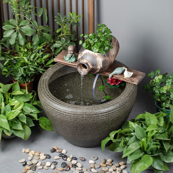 小号条纹 陶罐流水配底座