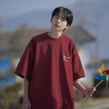 短袖t恤男夏季日系字母印花潮牌休闲潮流宽松半袖打底体恤衫酒红色xl