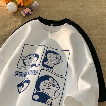 意森顿哆啦a梦短袖男夏季美式高街衣服潮牌潮流宽松半袖重磅oversize