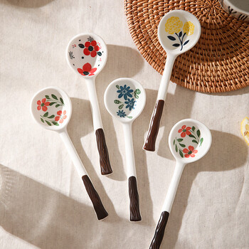 日式陶瓷汤勺复古家用喝汤小调羹高颜值创意可爱勺子长柄手绘汤匙 sp