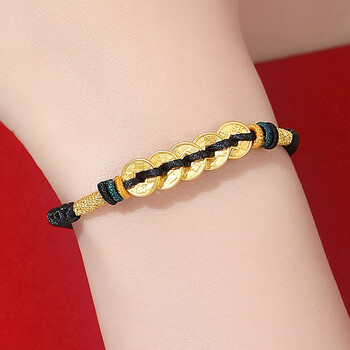 舒缘999足金黄金古钱币铜钱五帝钱本命年红绳手链女生日礼物女生送