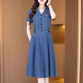 翰钦短袖牛仔连衣裙女夏季2024新款高端气质漂亮中年妈妈显瘦裙子蓝色