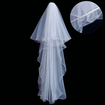 婚纱卷边珍珠蓬蓬头饰超仙森系盖头中长齐地张馨予同款 白色双层锁边