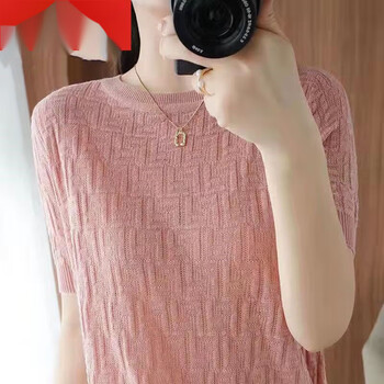 浪莎奢侈品牌女装夏季100桑蚕丝短袖t恤女圆领宽松薄上衣女冰粉色s95