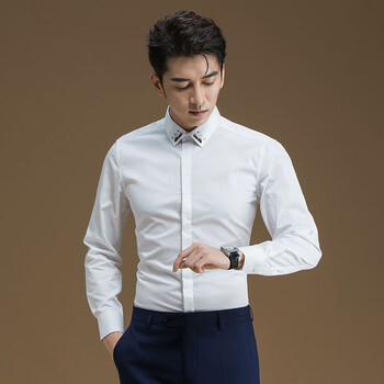 powo男士长袖衬衫领子刺绣时尚韩版修身设计感商务休闲暗门襟白色衬衣