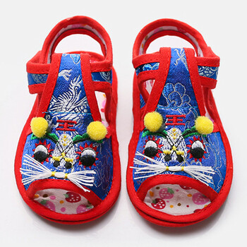 春夏新款婴儿虎头凉鞋宝宝周岁学步凉鞋儿童老虎凉鞋 绣球(藏青色红边