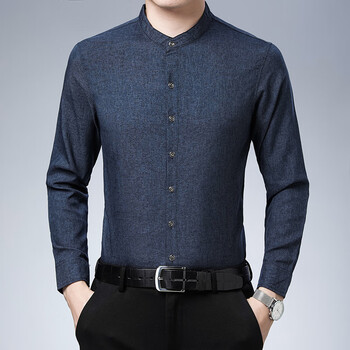 华斯度春秋季新款百搭休闲纯色长袖衬衫修身型薄款衬衣男中年爸爸蓝色