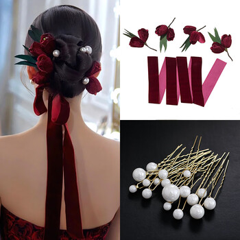 睿爸敬酒服头饰新娘森系超仙酒红色郁金香花朵发簪绒布发带婚礼服配饰