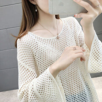 拓猴夏季韩版高中生宽松针织衫上衣女大码镂空针织衫女短款宽松罩衫新