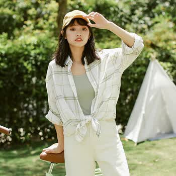 夏天穿的长袖初中生格子衬衣女生格格衬衫中学生防嗮衫夏款宽松甜美
