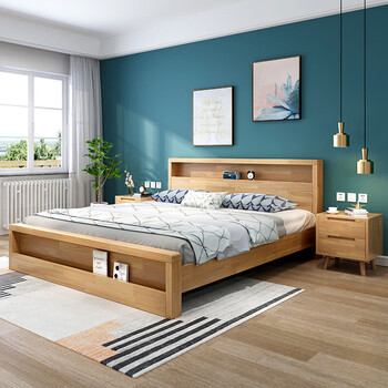 盟扬 床实木北欧简约现代主卧双人床婚床床头储物 床 1个床头柜 1.