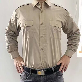 鸥亭老人的确良男衬衣库存87式老式长袖内衬透气吸汗衬衫工作服 米黄