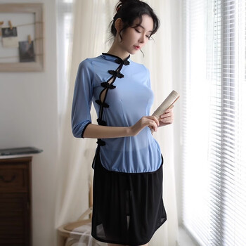 葵螂鳕性感民国学生装旗袍制服cos透明睡衣女套装纯欲主播角色扮演蓝