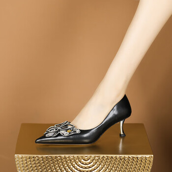 皇属vaahsuxm尖头单鞋女2023春夏季浅口拼色蝴蝶结高跟鞋细跟性感时尚