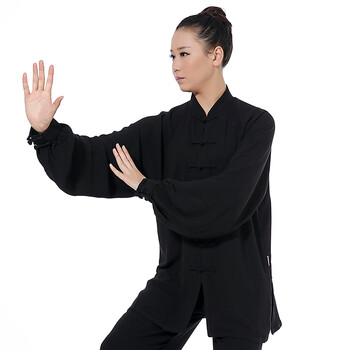 武极堂太极服新款春夏季新麻纱长袖太极服练功服晨练清爽透气垂感黑色