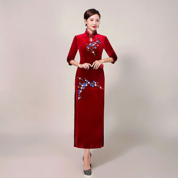 婚礼宴会加大码 中老年秋冬季新款旗袍 酒红色 酒红色长款2号绣花 m