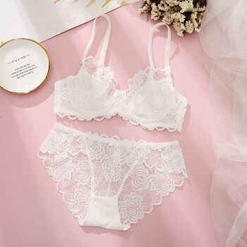 里性感蕾丝内衣青年女士款无海绵大码胸罩透明诱惑文胸白色套装34e75e