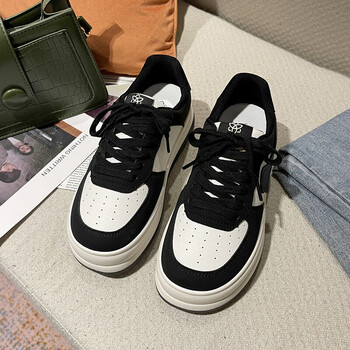 厚底软皮板鞋女年春季新款韩版百搭黑白熊猫复古勾勾鞋休闲鞋黑色37