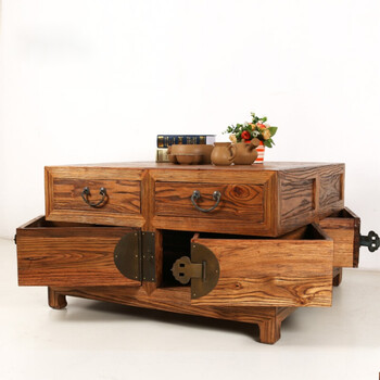 轶然欧帛老榆木方形带抽屉茶几客厅新中式储物箱柜收纳实木仿古原木茶