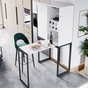 捷陆龙北欧折叠餐桌小户型简约现代多功能可伸缩靠墙桌吧台酒柜一体用